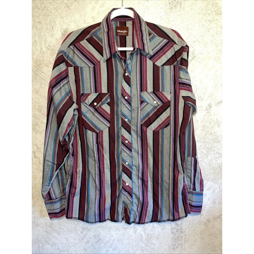Vintage Wrangler Shirt Mens XL Multicolor Stripe Western Pearl Snap Long Sleeve